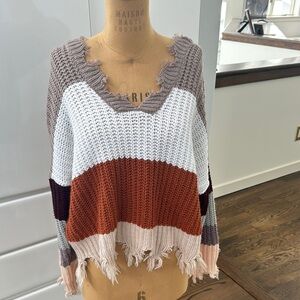 Super Cute V-Neck Sweater with Chunky Knit and Distressed Hem